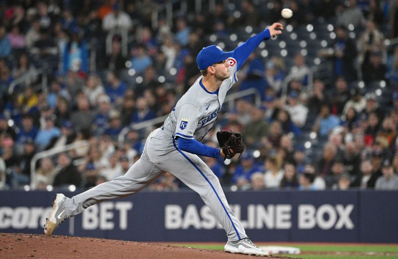 Apr 30, 2024; Toronto, Ontario, CAN;   Kansas City Royals starting pitcher Cole Ragans (55) delivers a pitch against the Toronto Blue Jays in the second inning at Rogers Centre. Mandatory Credit: Dan Hamilton-USA TODAY Sports