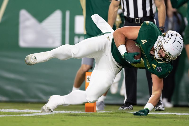 Nov 6, 2021; Tampa, Florida, USA; South Florida Bulls tight end Mitchell Brinkman (89) scores a touchdown during the first half against the Houston Cougars at Raymond James Stadium. Mandatory Credit: Matt Pendleton-USA TODAY Sports