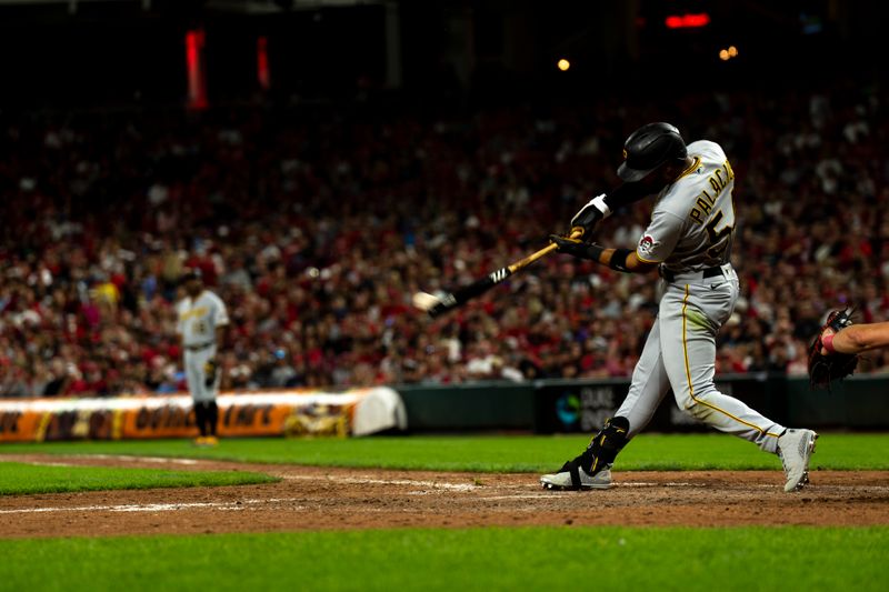 Pittsburgh Pirates right fielder Joshua Palacios (54) hits an RBI base hit in the sixth inning of the MLB baseball game between the Cincinnati Reds and the Pittsburgh Pirates at Great American Ball Park in Cincinnati on Saturday, Sept. 23, 2023. 