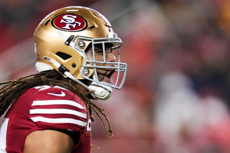 San Francisco 49ers linebacker Fred Warner (54) reacts after a play during an NFL football game against the Green Bay Packers Sunday, Jan. 21, 2024, in Inglewood, Calif. (AP Photo/Ashley Landis)