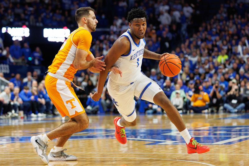 Feb 3, 2024; Lexington, Kentucky, USA; Kentucky Wildcats guard Justin Edwards (1) drives to the basket during the second half against the Tennessee Volunteers at Rupp Arena at Central Bank Center. Mandatory Credit: Jordan Prather-USA TODAY Sports