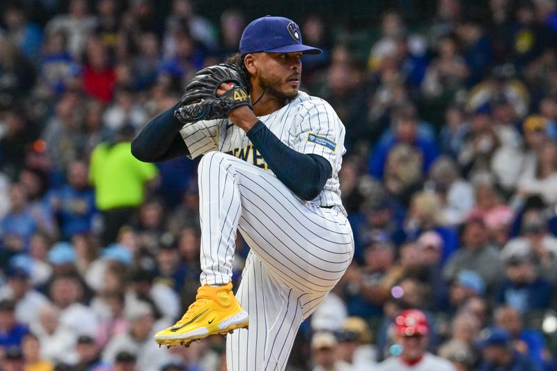 May 11, 2024; Milwaukee, Wisconsin, USA;  Milwaukee Brewers pitcher Freddy Peralta (51) throws against the St. Louis Cardinals in the first inning at American Family Field. Mandatory Credit: Benny Sieu-USA TODAY Sports