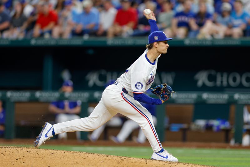 May 1, 2024; Arlington, Texas, USA; Texas Rangers pitcher Jacob Latz (67) throws a pitch during the eighth inning against the Washington Nationals at Globe Life Field. Mandatory Credit: Andrew Dieb-USA TODAY Sports