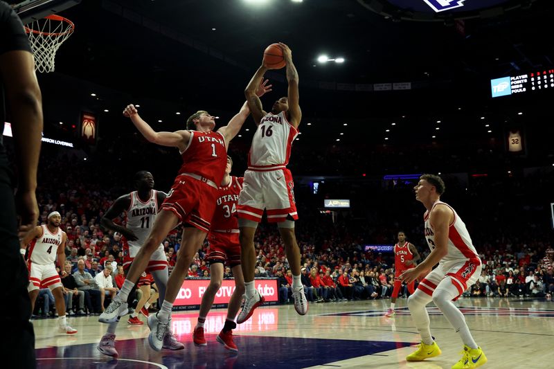 Jan 6, 2024; Tucson, Arizona, USA; Arizona Wildcats forward Keshad Johnson (16) grabs a rebound against Utah Utes forward Ben Carlson (1) during the first half at McKale Center. Mandatory Credit: Zachary BonDurant-USA TODAY Sports