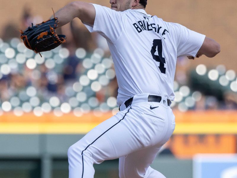 Jul 29, 2024; Detroit, Michigan, USA; Detroit Tigers pitcher Beau Brieske (4) delivers in the first inning against the Cleveland Guardians at Comerica Park. Mandatory Credit: David Reginek-USA TODAY Sports