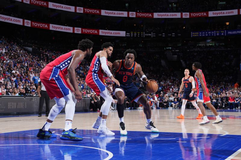 PHILADELPHIA, PA - APRIL 28: OG Anunoby #8 of the New York Knicks dribbles the ball during the game against the Philadelphia 76ers during Round 1 Game 4 of the 2024 NBA Playoffs on April 28, 2024 at the Wells Fargo Center in Philadelphia, Pennsylvania NOTE TO USER: User expressly acknowledges and agrees that, by downloading and/or using this Photograph, user is consenting to the terms and conditions of the Getty Images License Agreement. Mandatory Copyright Notice: Copyright 2024 NBAE (Photo by Jesse D. Garrabrant/NBAE via Getty Images)