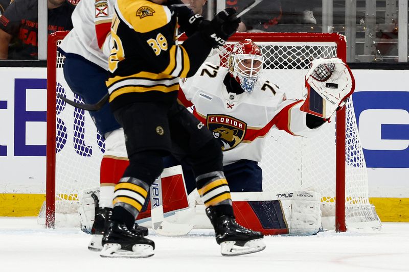 Mar 11, 2025; Boston, Massachusetts, USA; Florida Panthers goaltender Sergei Bobrovsky (72) eyes a shot past a screen in front against the Boston Bruins during the second period at TD Garden. Mandatory Credit: Winslow Townson-Imagn Images