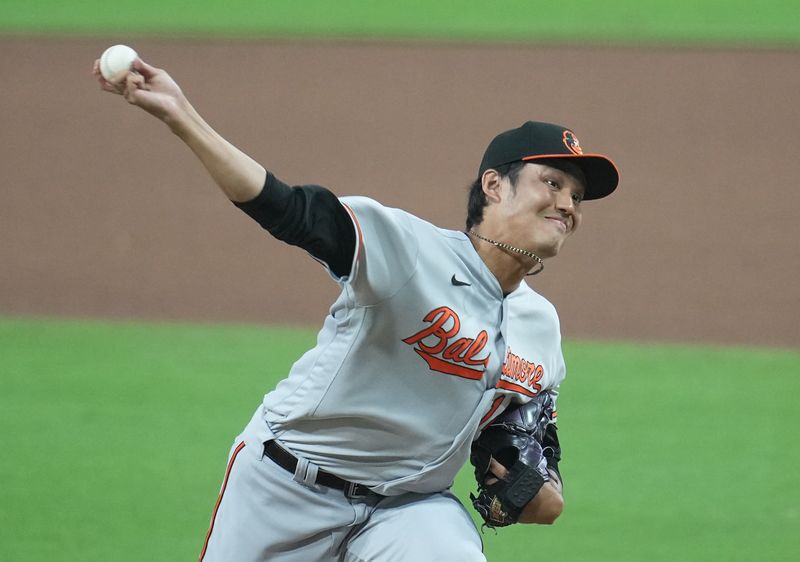 Aug 16, 2023; San Diego, California, USA;  Baltimore Orioles relief pitcher Shintaro Fujinami (14) throws a pitch against the San Diego Padres during the seventh inning at Petco Park. Mandatory Credit: Ray Acevedo-USA TODAY Sports