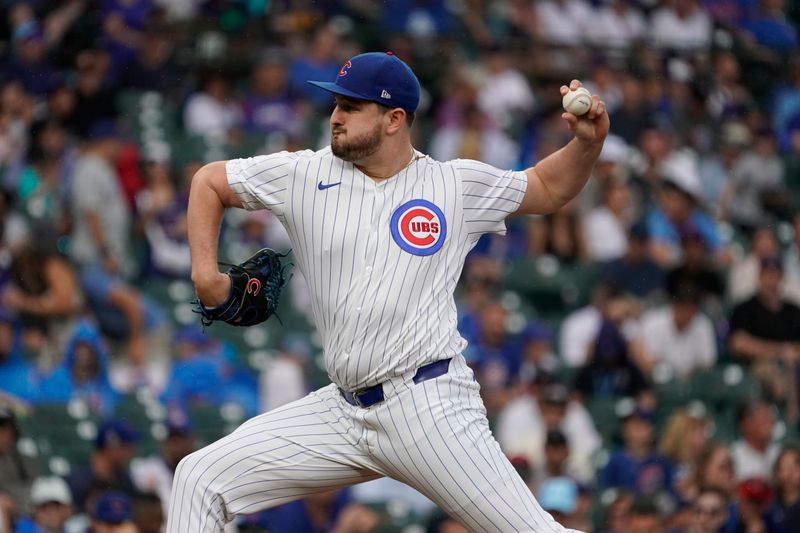 Jul 7, 2024; Chicago, Illinois, USA; Chicago Cubs pitcher Luke Little (43) throws the ball against the Los Angeles Angels during the ninth inning at Wrigley Field. Mandatory Credit: David Banks-USA TODAY Sports