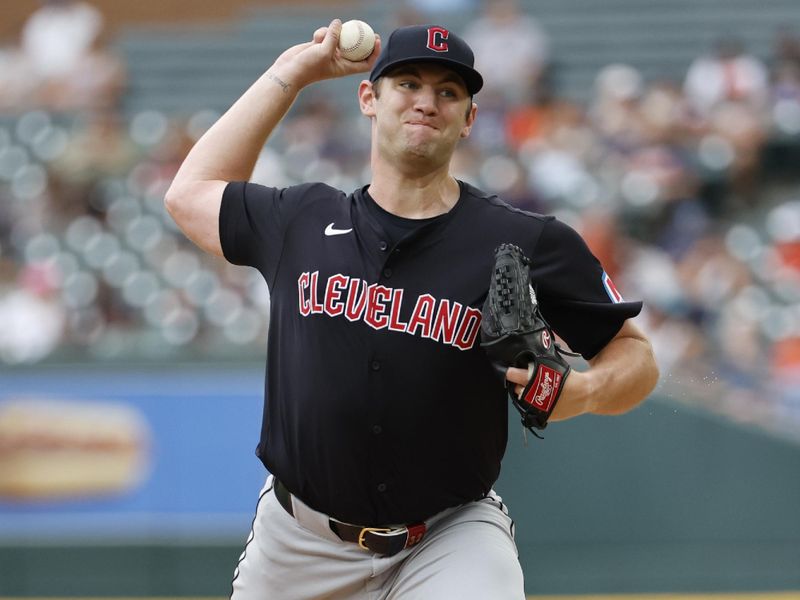 Jul 30, 2024; Detroit, Michigan, USA;  Cleveland Guardians starting pitcher Gavin Williams (32) delivers against the Detroit Tigers in the first inning at Comerica Park. Mandatory Credit: Rick Osentoski-USA TODAY Sports