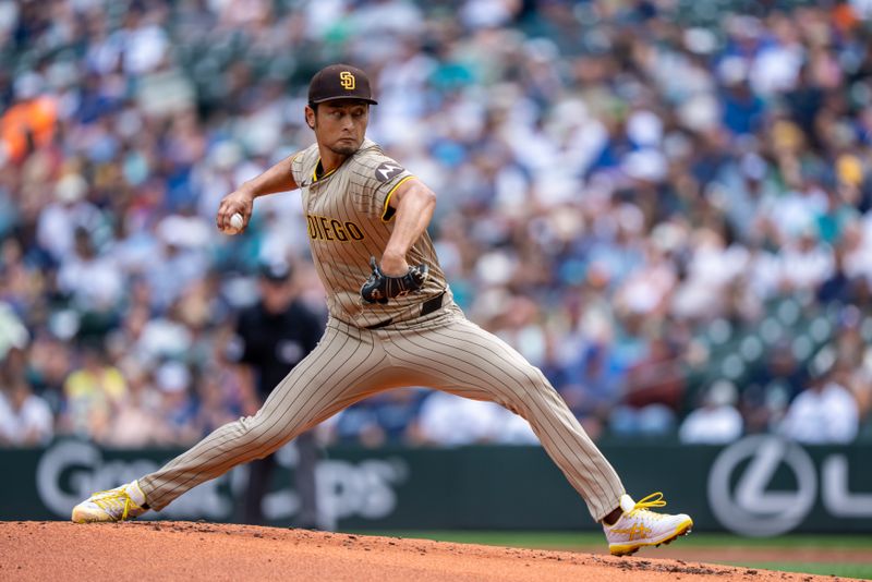 Aug 27, 2025; Seattle, Washington, USA; San Diego Padres starter Yu Darvish (11) delivers a pitch against the Seattle Mariners at T-Mobile Park. Mandatory Credit: Stephen Brashear-Imagn Images