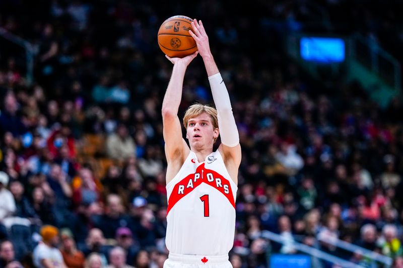 TORONTO, ON - JANUARY 6: Gradey Dick #1 of the Toronto Raptors shoots the ball against the Milwaukee Bucks at the Scotiabank Arena on January 6, 2025 in Toronto, Ontario, Canada. NOTE TO USER: User expressly acknowledges and agrees that, by downloading and/or using this Photograph, user is consenting to the terms and conditions of the Getty Images License Agreement. (Photo by Kevin Sousa/Getty Images)