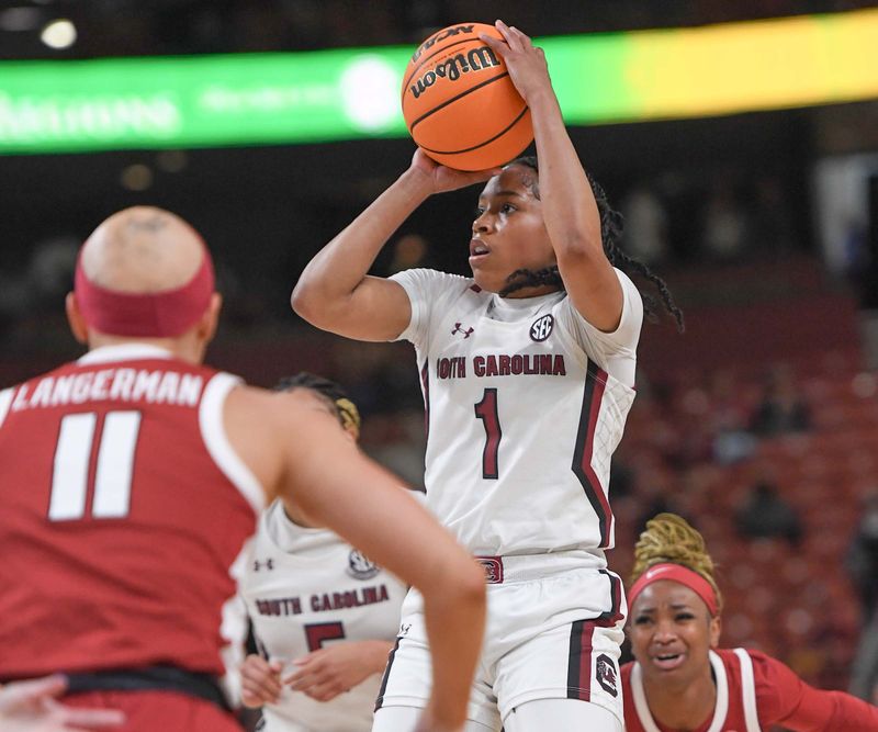 Mar 3, 2023; Greenville, SC, USA; South Carolina guard Zia Cooke (1) shoots near Arkansas guard Rylee Langerman (11) during the first quarter at Bon Secours Wellness Arena. Mandatory Credit: Ken Ruinard-USA TODAY Sports