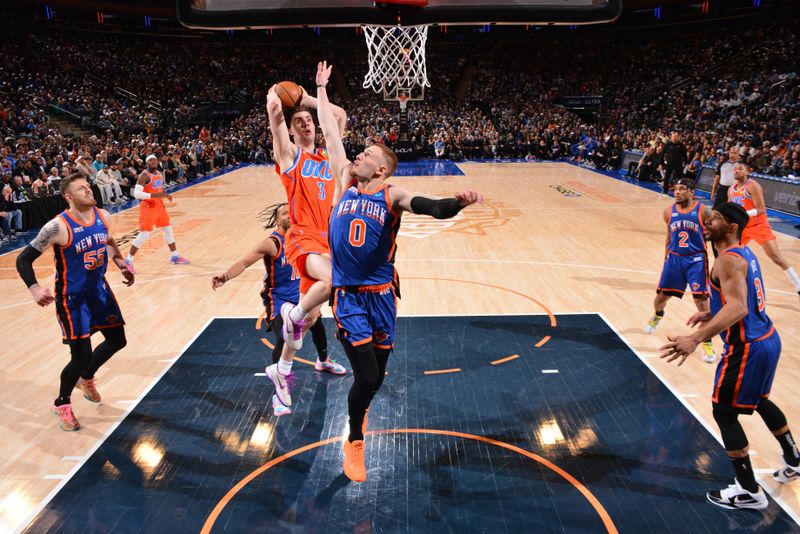 NEW YORK, NY - MARCH 31: Josh Giddey #3 of the Oklahoma City Thunder drives to the basket during the game against the New York Knicks on March 31, 2024 at Madison Square Garden in New York City, New York.  NOTE TO USER: User expressly acknowledges and agrees that, by downloading and or using this photograph, User is consenting to the terms and conditions of the Getty Images License Agreement. Mandatory Copyright Notice: Copyright 2024 NBAE  (Photo by Jesse D. Garrabrant/NBAE via Getty Images)