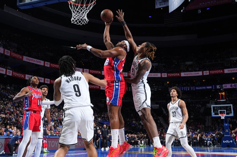 PHILADELPHIA, PA - NOVEMBER 22: Guerschon Yabusele #28 of the Philadelphia 76ers shoots the ball during the game against the Brooklyn Nets during the Emirates NBA Cup game on November 22, 2024 at the Wells Fargo Center in Philadelphia, Pennsylvania NOTE TO USER: User expressly acknowledges and agrees that, by downloading and/or using this Photograph, user is consenting to the terms and conditions of the Getty Images License Agreement. Mandatory Copyright Notice: Copyright 2024 NBAE (Photo by Jesse D. Garrabrant/NBAE via Getty Images)