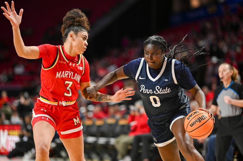 Feb 18, 2024; College Park, Maryland, USA;  Penn State Nittany Lions guard Ashley Owusu (0) drives to the basket on Maryland Terrapins guard Lavender Briggs (3) during the first half at Xfinity Center. Mandatory Credit: Tommy Gilligan-USA TODAY Sports