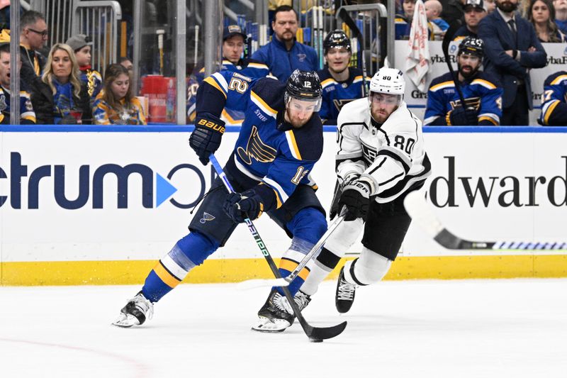 Jan 28, 2024; St. Louis, Missouri, USA; St. Louis Blues right wing Kevin Hayes (12) battles Los Angeles Kings center Pierre-Luc Dubois (80) during the third period at Enterprise Center. Mandatory Credit: Jeff Le-USA TODAY Sports