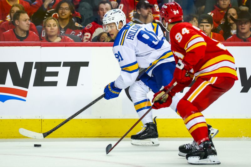 Oct 11, 2025; Calgary, Alberta, CAN; St. Louis Blues left wing Dylan Holloway (81) controls the puck against the Calgary Flames during the third period at Scotiabank Saddledome. Mandatory Credit: Sergei Belski-Imagn Images