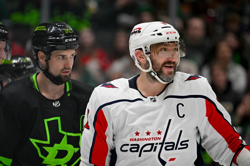 Jan 27, 2024; Dallas, Texas, USA; Washington Capitals left wing Alex Ovechkin (8) smiles as Dallas Stars left wing Jamie Benn (14) looks on during the third period at the American Airlines Center. Mandatory Credit: Jerome Miron-USA TODAY Sports