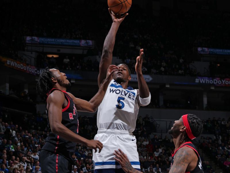 MINNEAPOLIS, MN -  APRIL 3: Anthony Edwards #5 of the Minnesota Timberwolves shoots the ball during the game against the Toronto Raptors  on April 3, 2024 at Target Center in Minneapolis, Minnesota. NOTE TO USER: User expressly acknowledges and agrees that, by downloading and or using this Photograph, user is consenting to the terms and conditions of the Getty Images License Agreement. Mandatory Copyright Notice: Copyright 2024 NBAE (Photo by Jordan Johnson/NBAE via Getty Images)