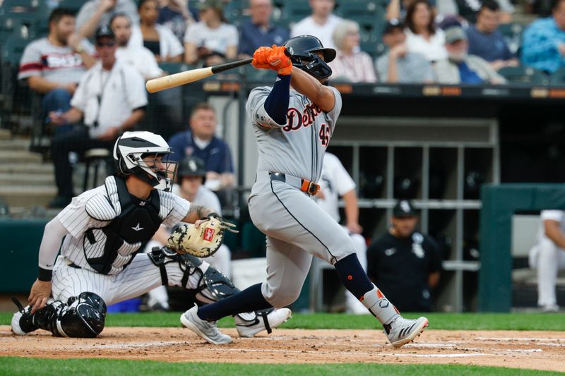 Jun 2, 2025; Chicago, Illinois, USA; Detroit Tigers right fielder Wenceel Pérez (46) hits a two-run home run against the Chicago White Sox during the second inning at Rate Field. Mandatory Credit: Kamil Krzaczynski-Imagn Images