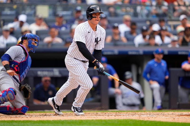 Jul 8, 2023; Bronx, New York, USA; New York Yankees first baseman Anthony Rizzo (48) reacts after hitting a single against the Chicago Cubs during the third inning at Yankee Stadium. Mandatory Credit: Gregory Fisher-USA TODAY Sports