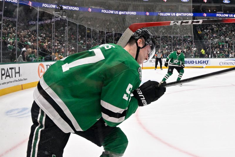 Mar 10, 2026; Dallas, Texas, USA; Vegas Golden Knights center Tomas Hertl (not pictured) gets his stick caught on the jersey of Dallas Stars defenseman Tyler Myers (57) during the first period at the American Airlines Center. Mandatory Credit: Jerome Miron-Imagn Images
