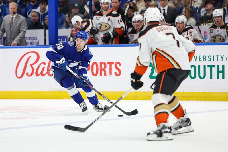 Jan 13, 2024; Tampa, Florida, USA;  Tampa Bay Lightning left wing Brandon Hagel (38) controls the puck against the Anaheim Ducks in the first period at Amalie Arena. Mandatory Credit: Nathan Ray Seebeck-USA TODAY Sports