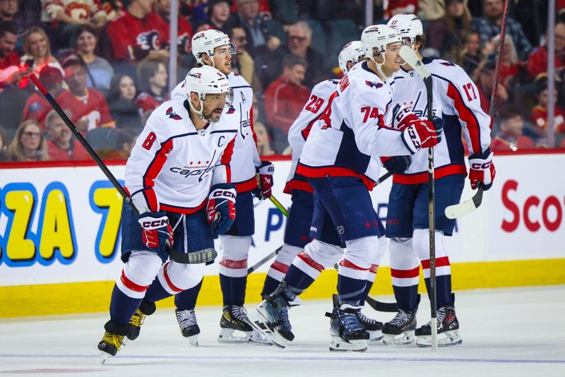 Mar 18, 2024; Calgary, Alberta, CAN; Washington Capitals left wing Alex Ovechkin (8) celebrates his goal with teammates against the Calgary Flames during the second period at Scotiabank Saddledome. Mandatory Credit: Sergei Belski-USA TODAY Sports