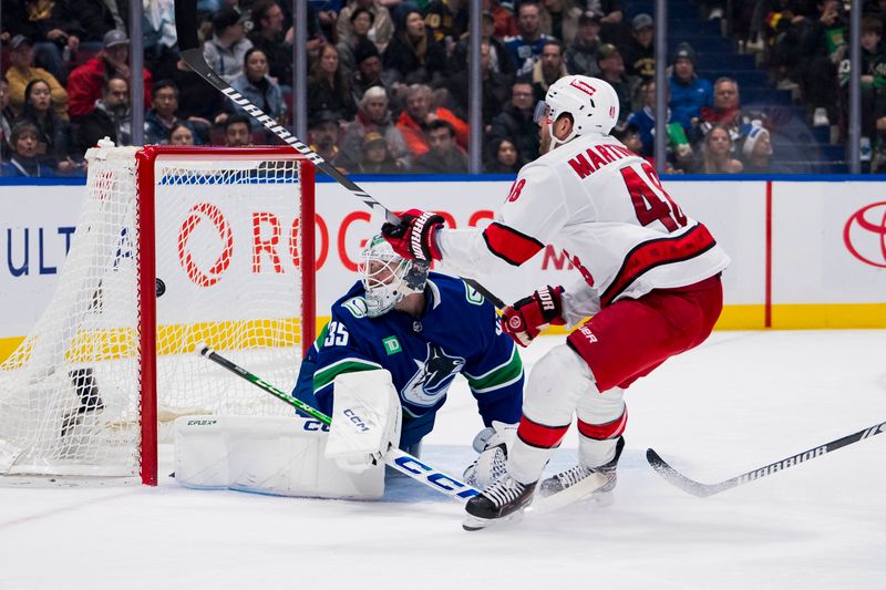 Dec 9, 2023; Vancouver, British Columbia, CAN; Carolina Hurricanes forward Jordan Martinook (48) scores on Vancouver Canucks goalie Thatcher Demko (35) in the second period at Rogers Arena. Mandatory Credit: Bob Frid-USA TODAY Sports