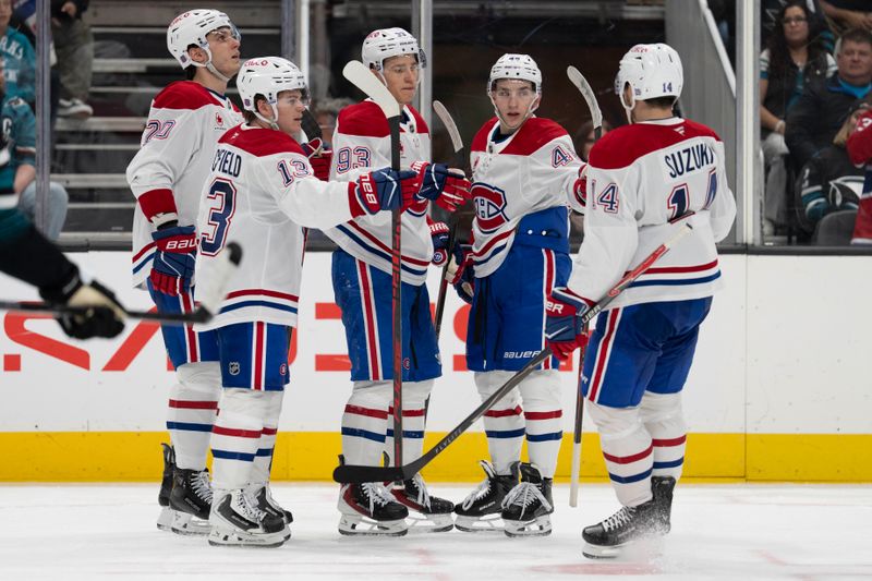 Mar 3, 2026; San Jose, California, USA;  Montreal Canadiens right wing Cole Caufield (13) , left wing Juraj Slafkovský (20) , right wing Ivan Demidov (93) defenseman Lane Hutson (48) and center Nick Suzuki (14) celebrate after scoring a goal during the third period against the San Jose Sharks at SAP Center at San Jose. Mandatory Credit: Stan Szeto-Imagn Images