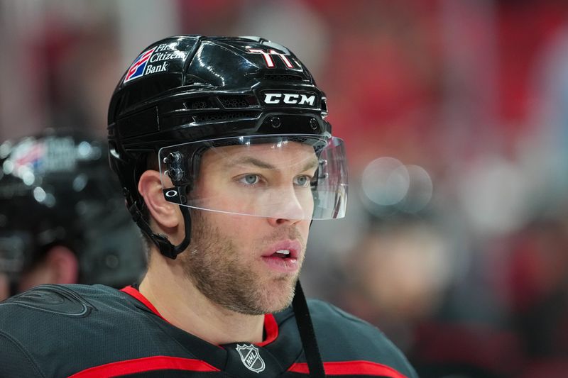 Jan 1, 2026; Raleigh, North Carolina, USA; Carolina Hurricanes left wing Taylor Hall (71) looks on during the warmups before the game against the Montréal Canadiens at Lenovo Center. Mandatory Credit: James Guillory-Imagn Images Jan 1, 2026; Raleigh, North Carolina, USA; Carolina Hurricanes left wing Taylor Hall (71) looks on during the warmups before the game against the Montréal Canadiens at Lenovo Center. Mandatory Credit: James Guillory-Imagn Images