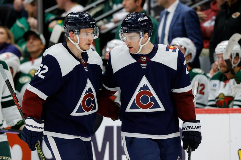 Mar 8, 2024; Denver, Colorado, USA; Colorado Avalanche left wing Artturi Lehkonen (62) and left wing Jonathan Drouin (27) in the third period against the Minnesota Wild at Ball Arena. Mandatory Credit: Isaiah J. Downing-USA TODAY Sports