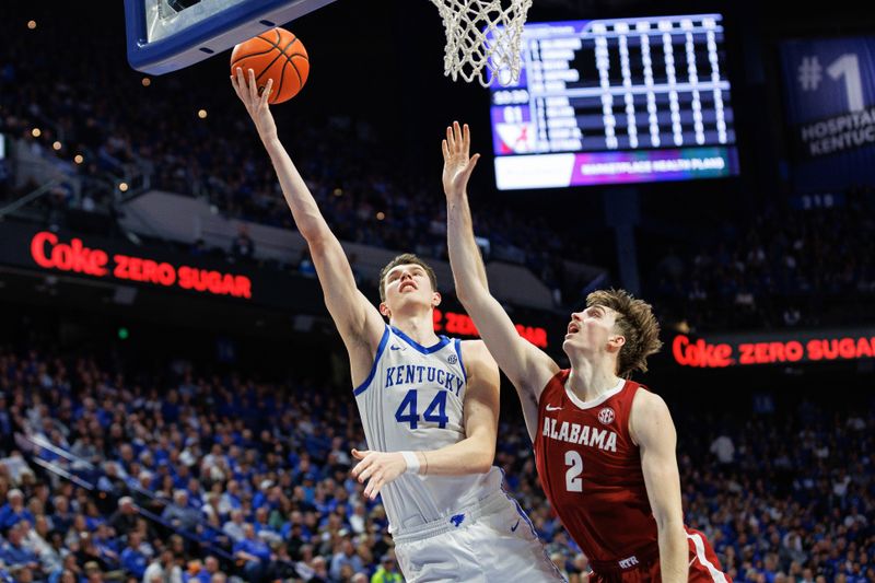 Feb 24, 2024; Lexington, Kentucky, USA; Kentucky Wildcats forward Zvonimir Ivisic (44) attempts a layup during the second half against the Alabama Crimson Tide at Rupp Arena at Central Bank Center. Mandatory Credit: Jordan Prather-USA TODAY Sports