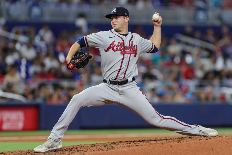 Sep 16, 2023; Miami, Florida, USA; Atlanta Braves starting pitcher Jared Shuster (65) delivers against the Miami Marlins during the second inning at loanDepot Park. Mandatory Credit: Sam Navarro-USA TODAY Sports