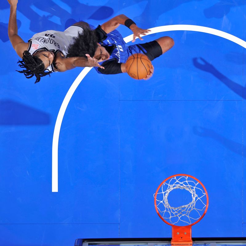 ORLANDO, FL - OCTOBER 25: Anthony Black #0 of the Orlando Magic drives to the basket during the game against the Brooklyn Nets on October 25, 2024 at Kia Center in Orlando, Florida. NOTE TO USER: User expressly acknowledges and agrees that, by downloading and or using this photograph, User is consenting to the terms and conditions of the Getty Images License Agreement. Mandatory Copyright Notice: Copyright 2024 NBAE (Photo by Fernando Medina/NBAE via Getty Images)