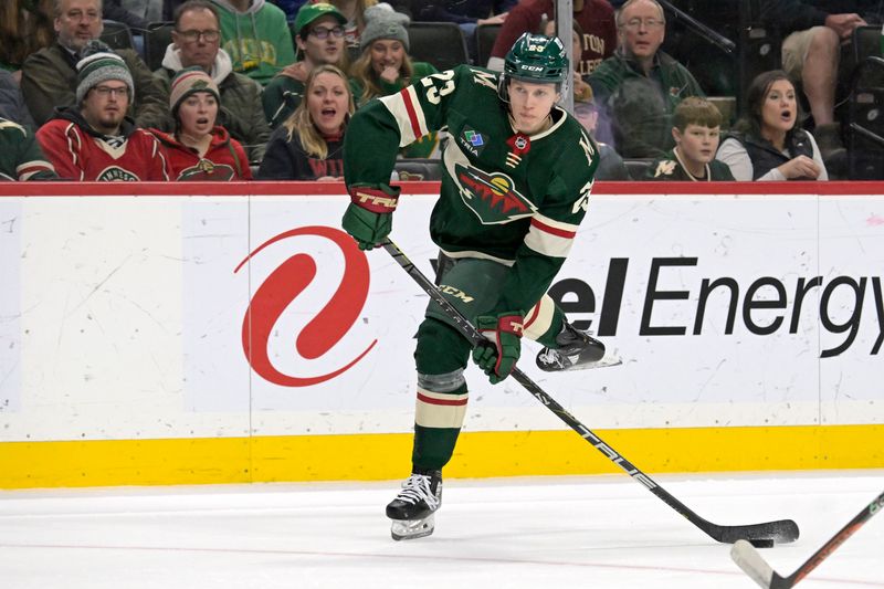 Jan 12, 2024; Saint Paul, Minnesota, USA; Minnesota Wild forward Marco Rossi (23) takes a shot on goal against the Philadelphia Flyers during the second period at Xcel Energy Center. Mandatory Credit: Nick Wosika-USA TODAY Sports