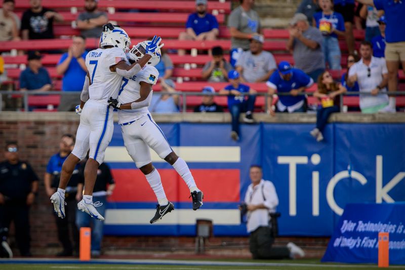 Dec 28, 2021; Dallas, Texas, USA; Air Force Falcons safety Trey Taylor (7) and cornerback Zion Kelly (17) celebrate a defensive fourth down stop against the Louisville Cardinals during the second half during the 2021 First Responder Bowl at Gerald J. Ford Stadium. Mandatory Credit: Jerome Miron-USA TODAY Sports