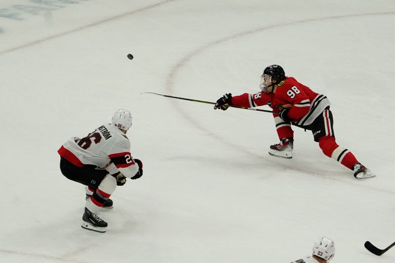 Feb 17, 2024; Chicago, Illinois, USA; during the first period at United Center. Mandatory Credit: David Banks-USA TODAY Sports