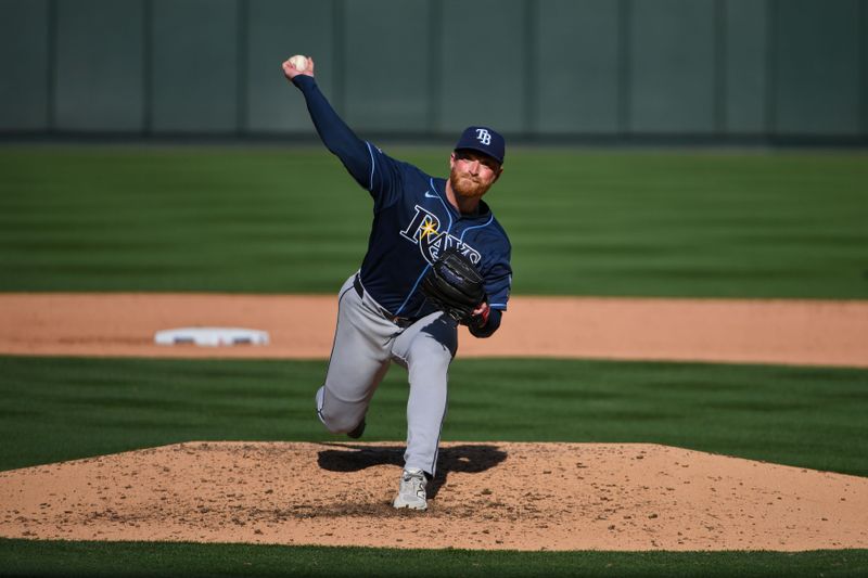 Mar 26, 2026; St. Louis, Missouri, USA; Tampa Bay Rays starting pitcher Drew Rasmussen (57) pitches against the St. Louis Cardinals during the fifth inning at Busch Stadium. Mandatory Credit: Jeff Curry-Imagn Images