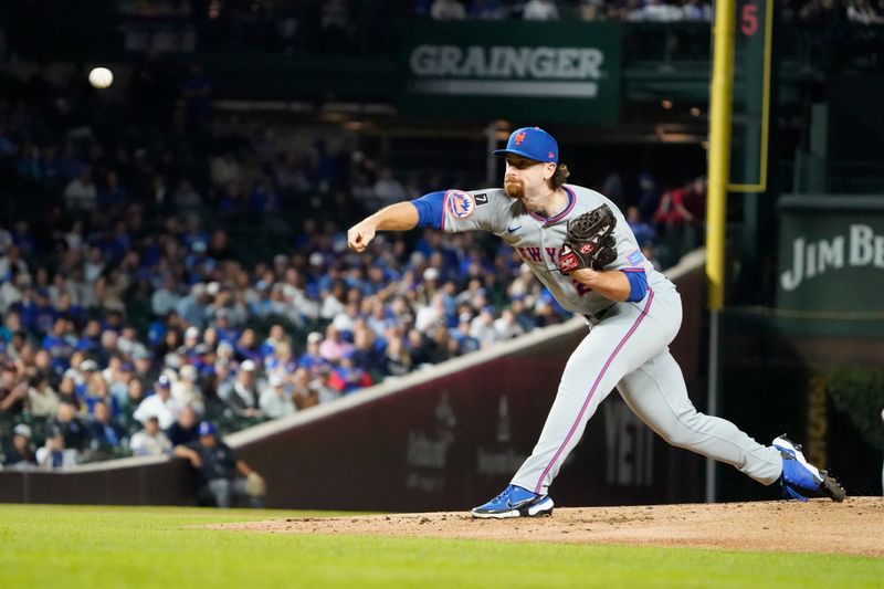 Sep 25, 2025; Chicago, Illinois, USA; New York Mets pitcher Nolan McLean (26) throws the ball against the Chicago Cubs during the first inning at Wrigley Field. Mandatory Credit: David Banks-Imagn Images