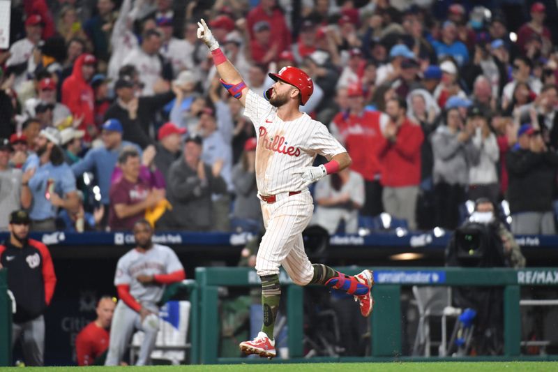 May 19, 2024; Philadelphia, Pennsylvania, USA; Philadelphia Phillies first base Kody Clemens (2) celebrates his game-tying home run during the ninth inning against the Washington Nationals at Citizens Bank Park. Mandatory Credit: Eric Hartline-USA TODAY Sports