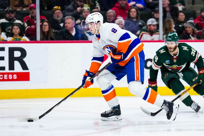 Jan 15, 2024; Saint Paul, Minnesota, USA; New York Islanders defenseman Noah Dobson (8) carries the puck during the third period against the Minnesota Wild at Xcel Energy Center. Mandatory Credit: Brace Hemmelgarn-USA TODAY Sports