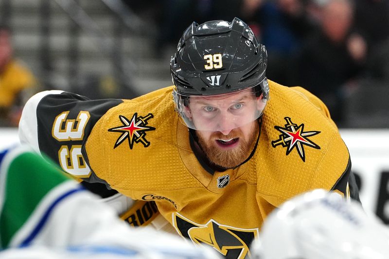 Mar 7, 2024; Las Vegas, Nevada, USA; Vegas Golden Knights right wing Anthony Mantha (39) awaits a face off against the Vancouver Canucks during the second period at T-Mobile Arena. Mandatory Credit: Stephen R. Sylvanie-USA TODAY Sports