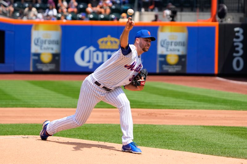 Aug 16, 2023; New York City, New York, USA; New York Mets pitcher Tylor Megill (38) delivers a pitch against the Pittsburgh Pirates during the first inning at Citi Field. Mandatory Credit: Gregory Fisher-USA TODAY Sports