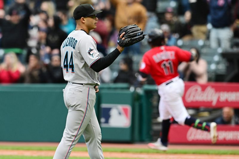 Apr 23, 2023; Cleveland, Ohio, USA; Miami Marlins starting pitcher Jesus Luzardo (44) waits for a new ball as Cleveland Guardians third baseman Jose Ramirez (11) rounds the bases after hitting a home run during the third inning at Progressive Field. Mandatory Credit: Ken Blaze-USA TODAY Sports