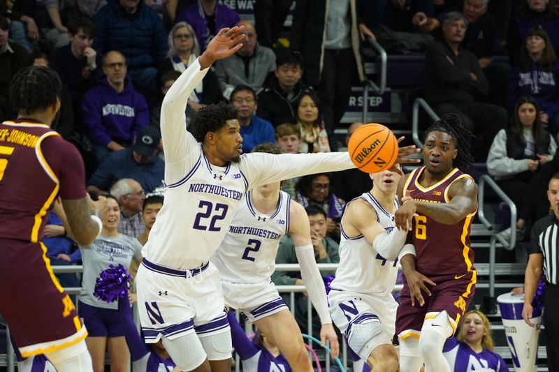 Jan 3, 2026; Evanston, Illinois, USA; Northwestern Wildcats forward Arrinten Page (22) steals a pass against the Minnesota Golden Gophers during the first half at Welsh-Ryan Arena. Mandatory Credit: David Banks-Imagn Images