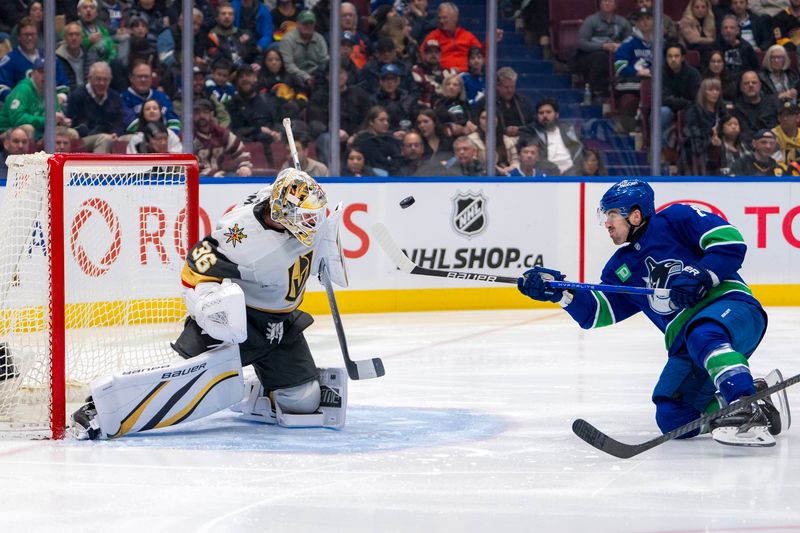 Apr 8, 2024; Vancouver, British Columbia, CAN; Vegas Golden Knights goalie Logan Thompson (36) makes a save on Vancouver Canucks forward Conor Garland (8) in the third period at Rogers Arena. Canucks won 4 -3. Mandatory Credit: Bob Frid-USA TODAY Sports