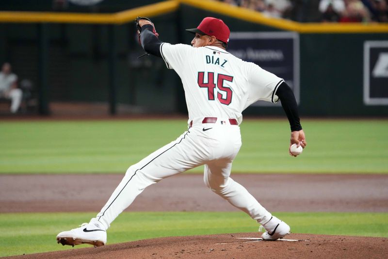 Jul 13, 2024; Phoenix, Arizona, USA; Arizona Diamondbacks pitcher Yilber Diaz (45) pitches against the Toronto Blue Jays during the first inning at Chase Field. Mandatory Credit: Joe Camporeale-USA TODAY Sports