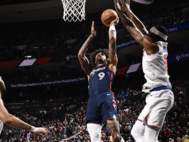 PHILADELPHIA, PA - FEBRUARY 22: Kelly Oubre Jr. #9 of the Philadelphia 76ers drives to the basket during the game against the New York Knicks on February 22, 2024 at the Wells Fargo Center in Philadelphia, Pennsylvania NOTE TO USER: User expressly acknowledges and agrees that, by downloading and/or using this Photograph, user is consenting to the terms and conditions of the Getty Images License Agreement. Mandatory Copyright Notice: Copyright 2024 NBAE (Photo by David Dow/NBAE via Getty Images)